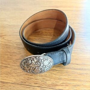 Vintage Black Leather Belt with Silver Buckle 35"
